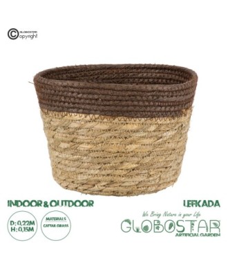 GloboStar® Artificial Garden LEFKADA 20287 Διακοσμητικό Πλεκτό Καλάθι - Κασπώ Γλάστρα - Flower Pot Μπεζ με Καφέ Φ22cm x Υ15cm